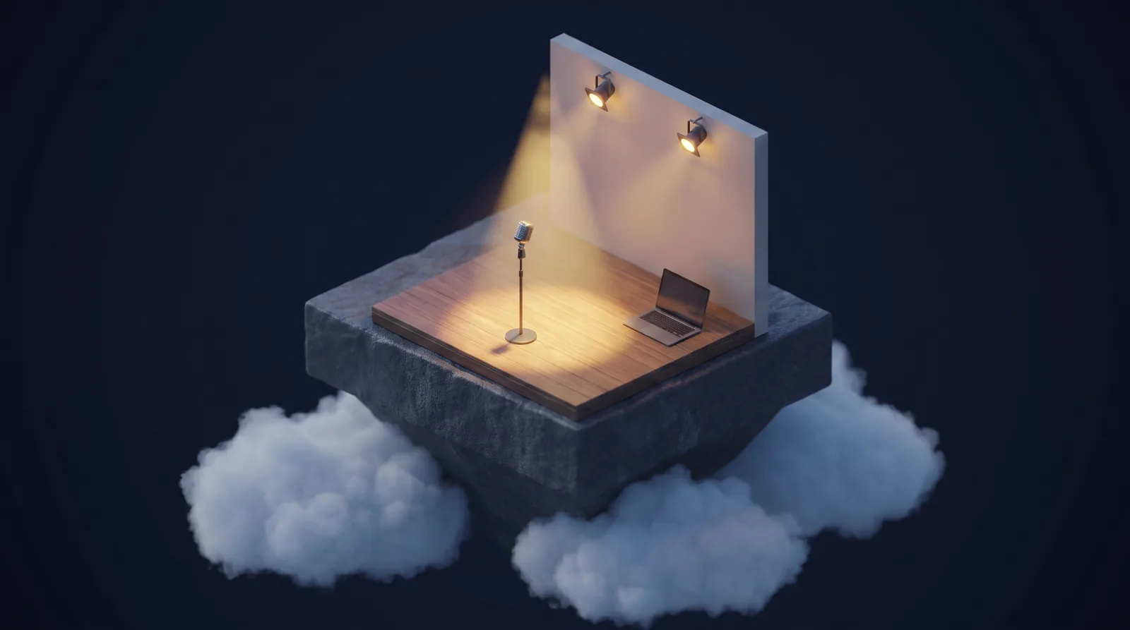 Isometric illustration of a stage corner with a spotlit microphone stand and closed laptop