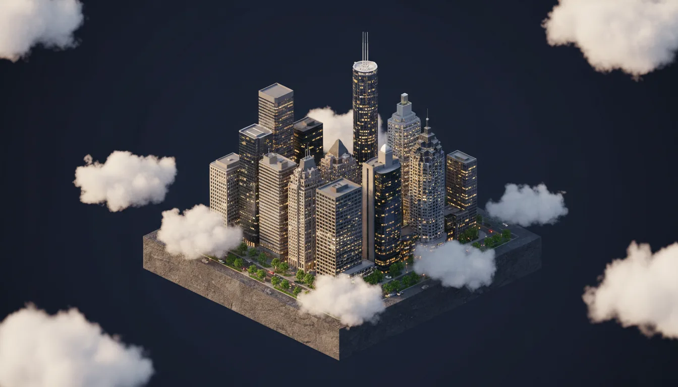 Isometric illustration of the Atlanta downtown skyline floating on a rock platform above the clouds, representing Atlanta small business web design
