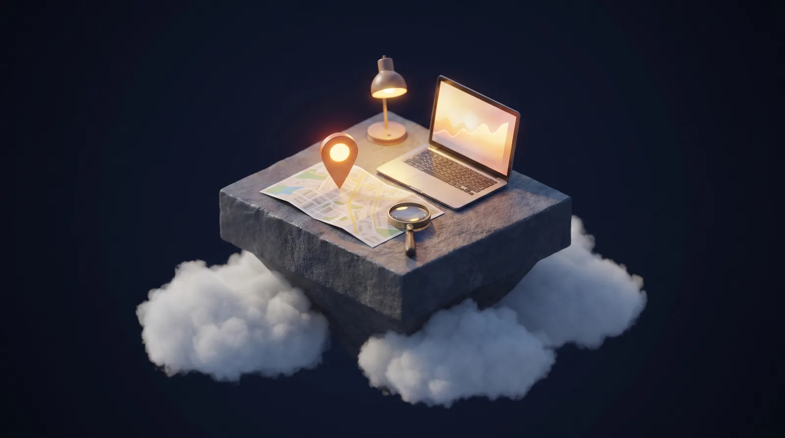Isometric illustration of a desk with a city map, glowing location pin, magnifying glass, and laptop showing an abstract upward-trend graph