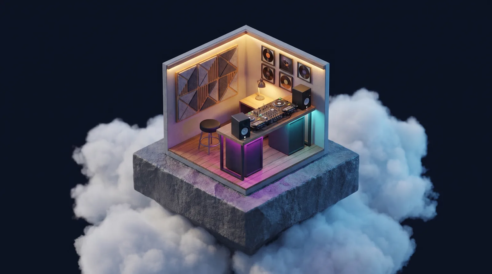 Isometric illustration of a DJ booth with CDJs, mixer, speakers, LED accents, and vinyl display, representing music and events web design