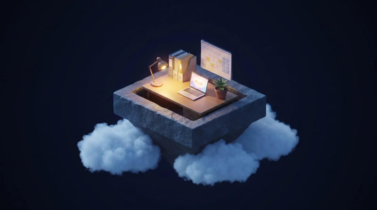 Isometric illustration of a nonprofit work desk with a wall calendar, laptop with an abstract donate-button glow, folders, and a small plant
