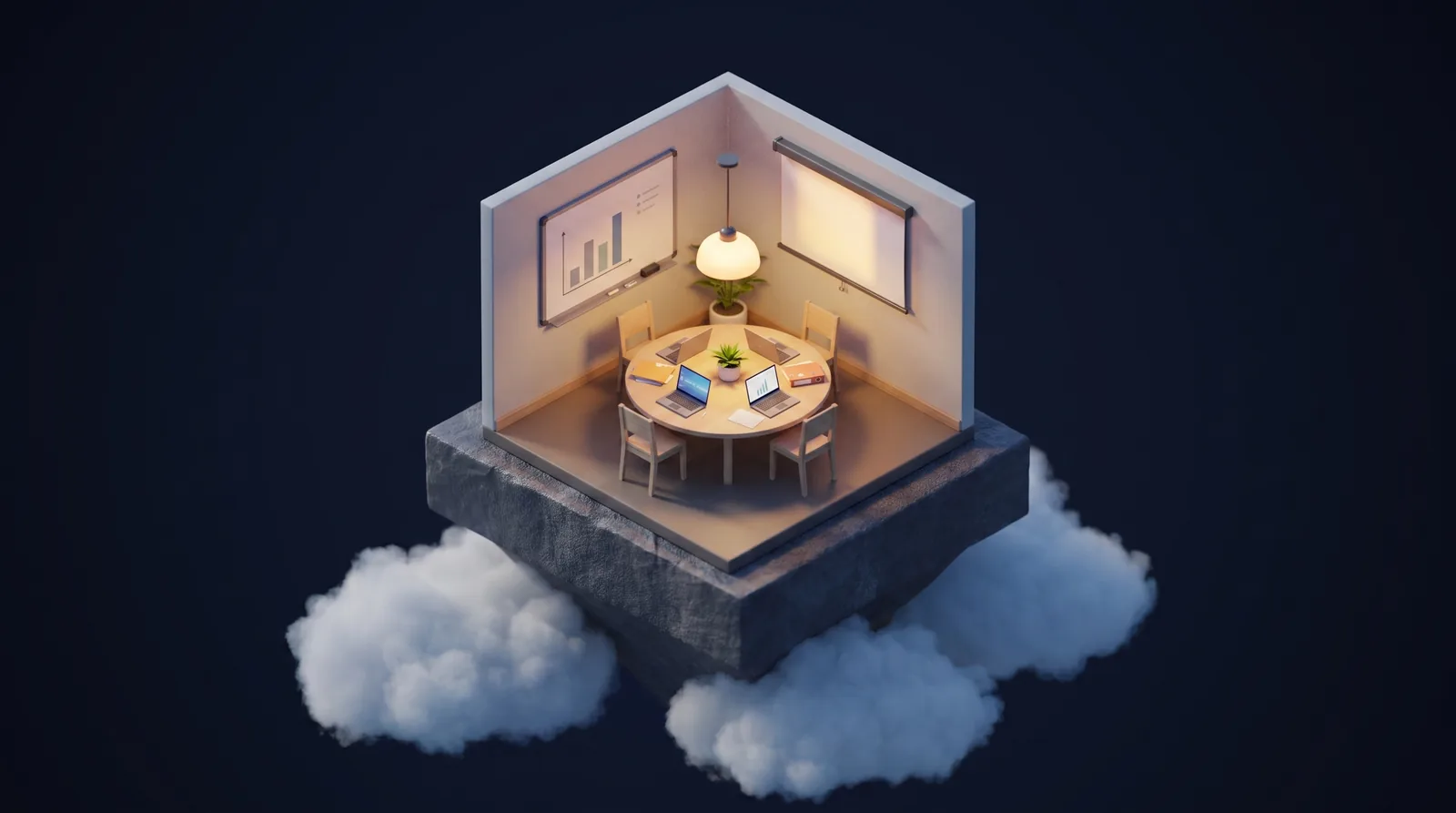 Isometric illustration of a nonprofit boardroom with a round table, laptops, and a whiteboard bar chart, representing nonprofit web design