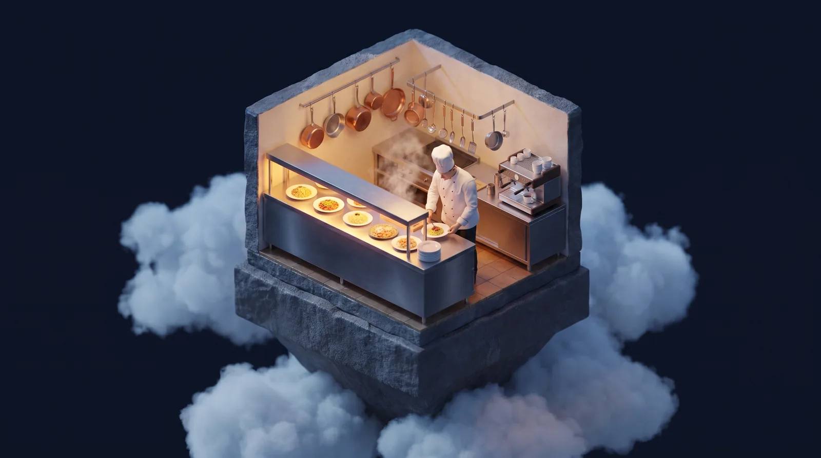 Isometric illustration of a kitchen pass with a chef plating beneath a heat lamp, representing restaurant web design