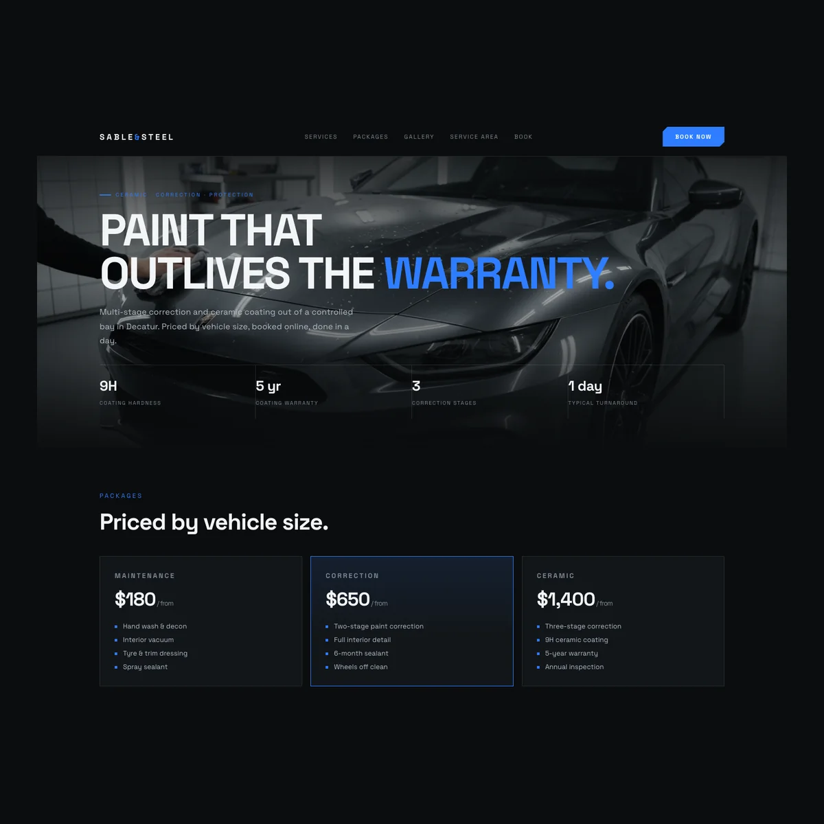 Auto detailing website concept in a performance automotive style