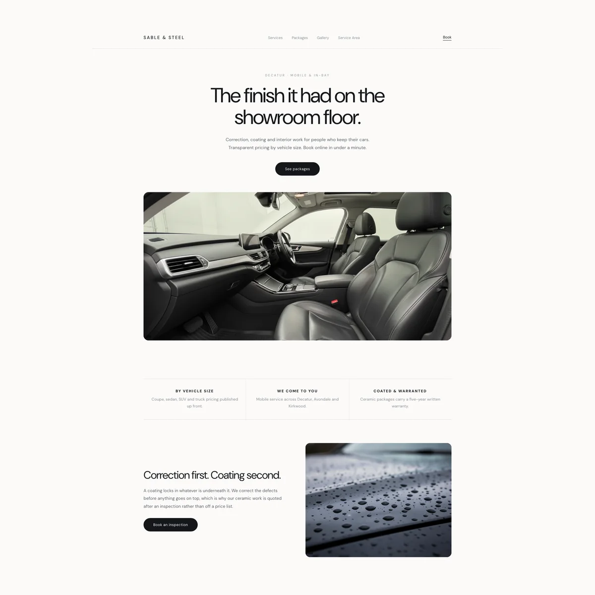 Auto detailing website concept in a clean premium style