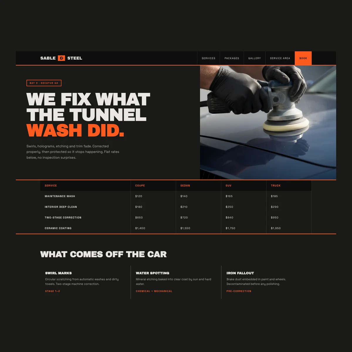 Auto detailing website concept in an industrial garage style