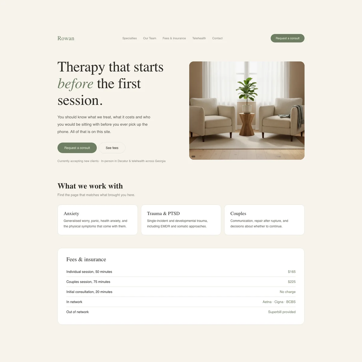 Therapy practice website concept in a soft warm style