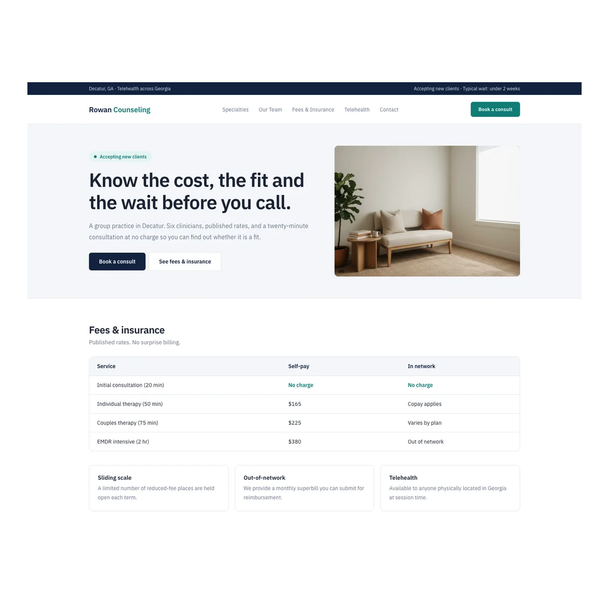 Therapy practice website concept in a clear structured style