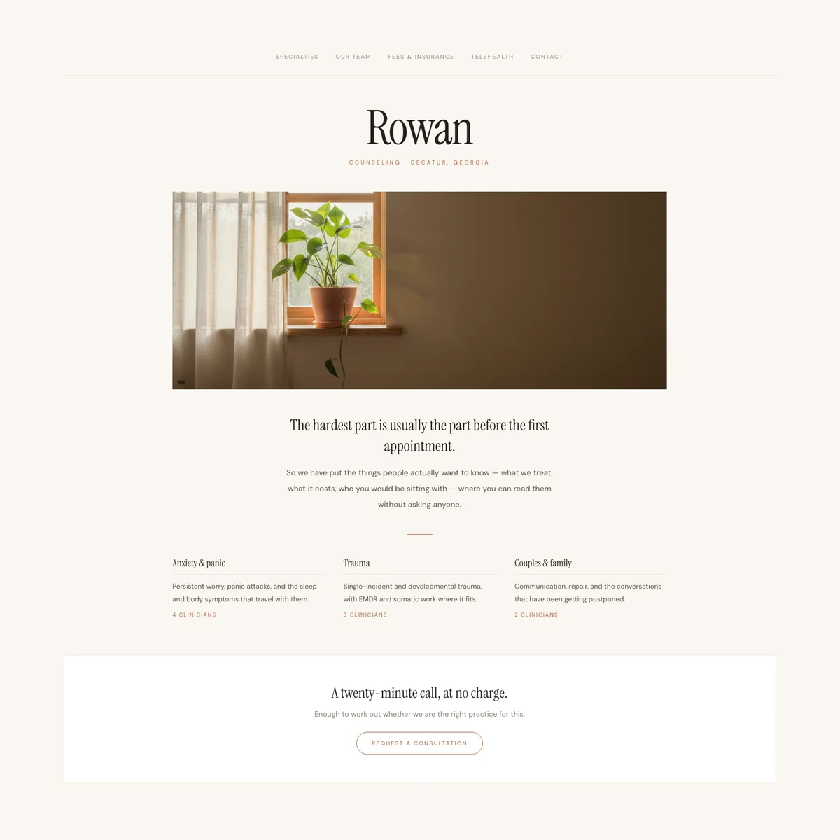 Therapy practice website concept in a quiet editorial style