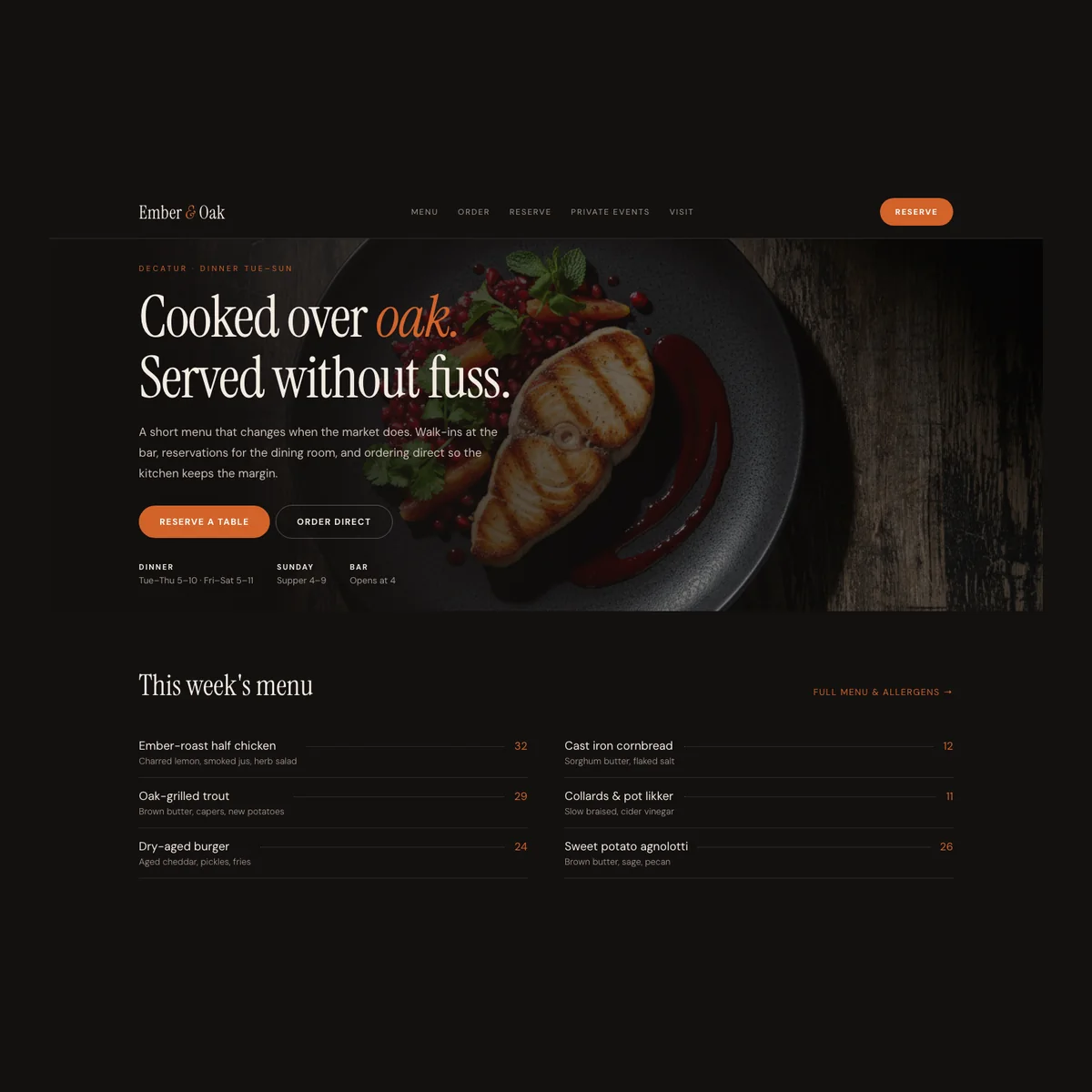 Restaurant website concept in a warm photography-led style