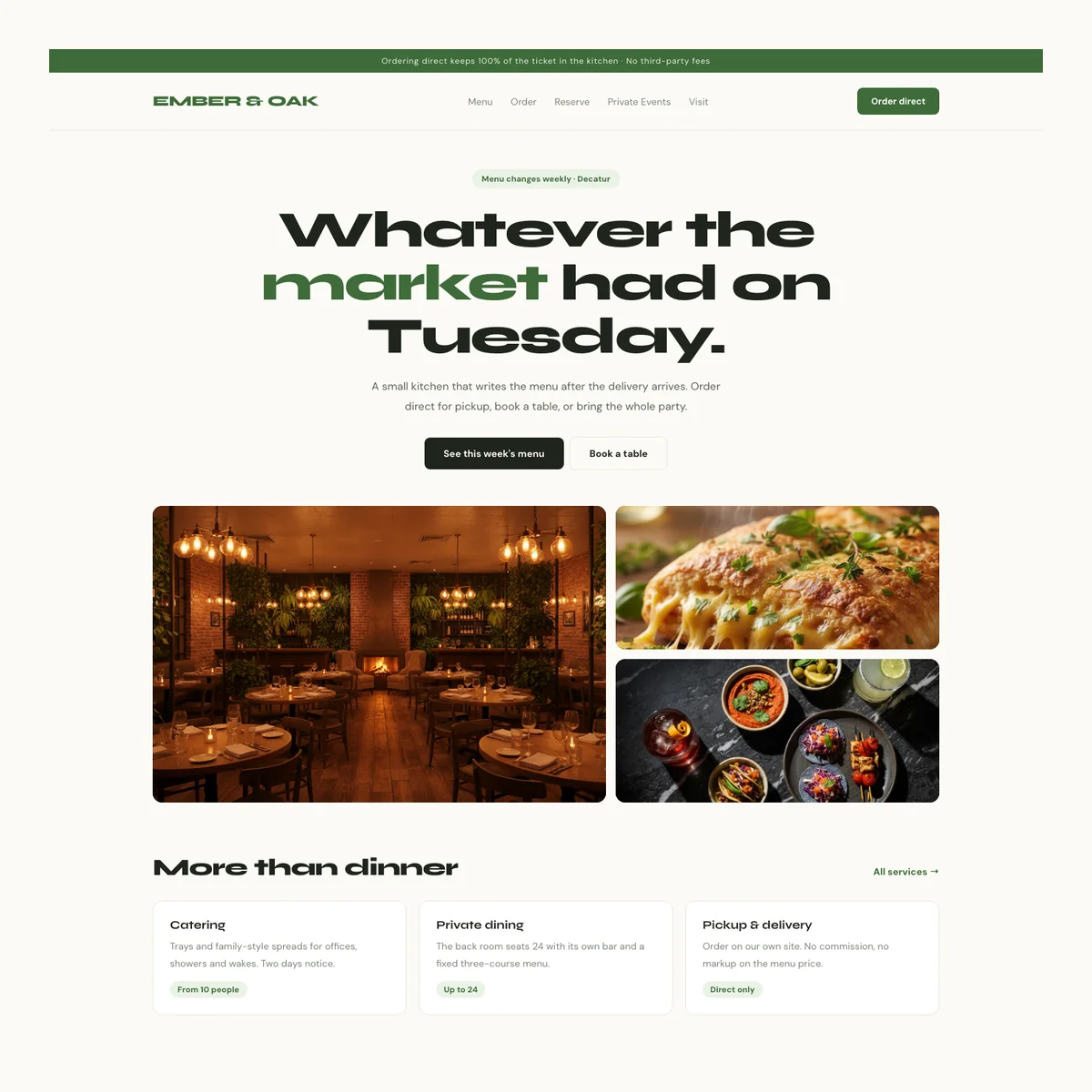Restaurant website concept in a bright farm-to-table style