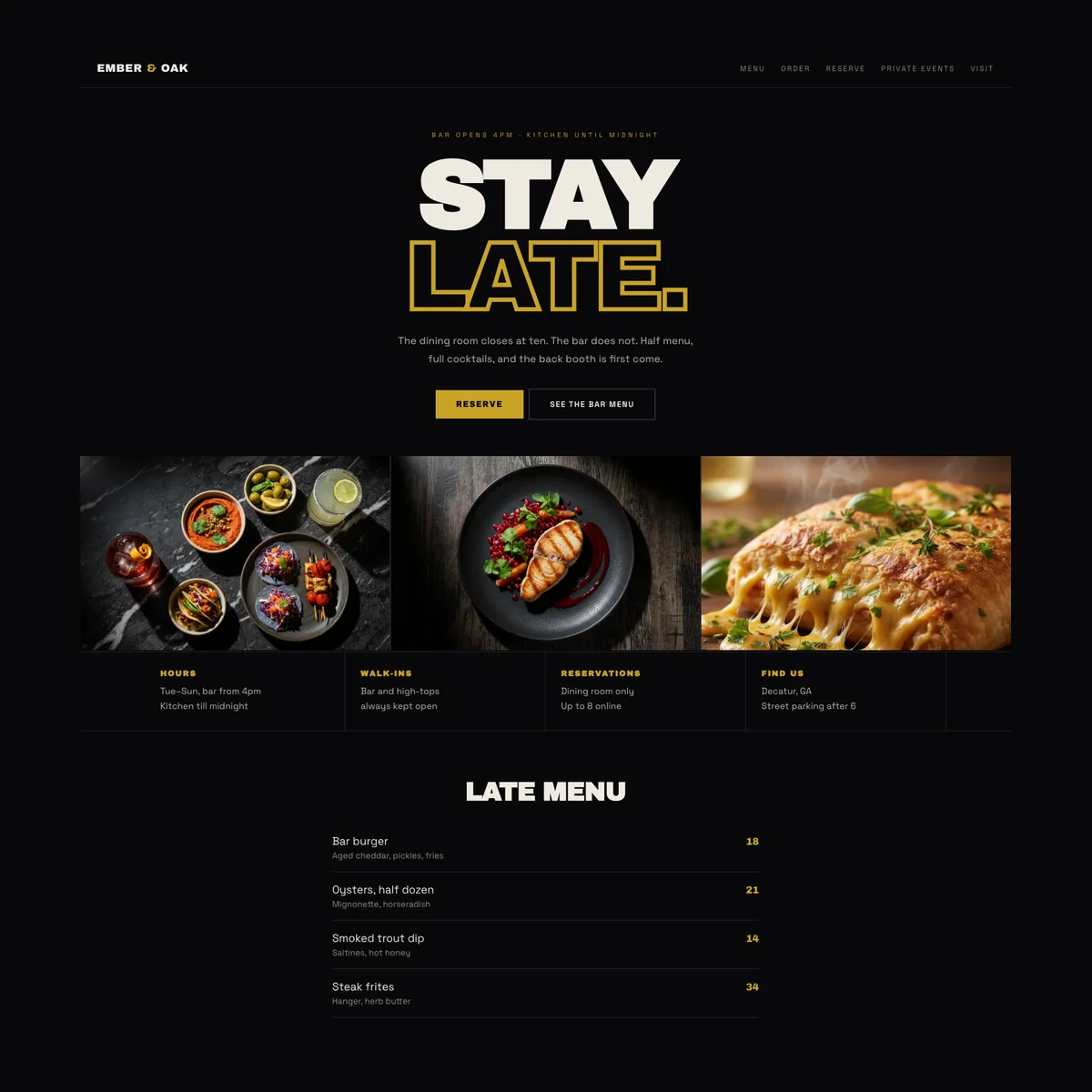 Restaurant website concept in a moody late-night bar style