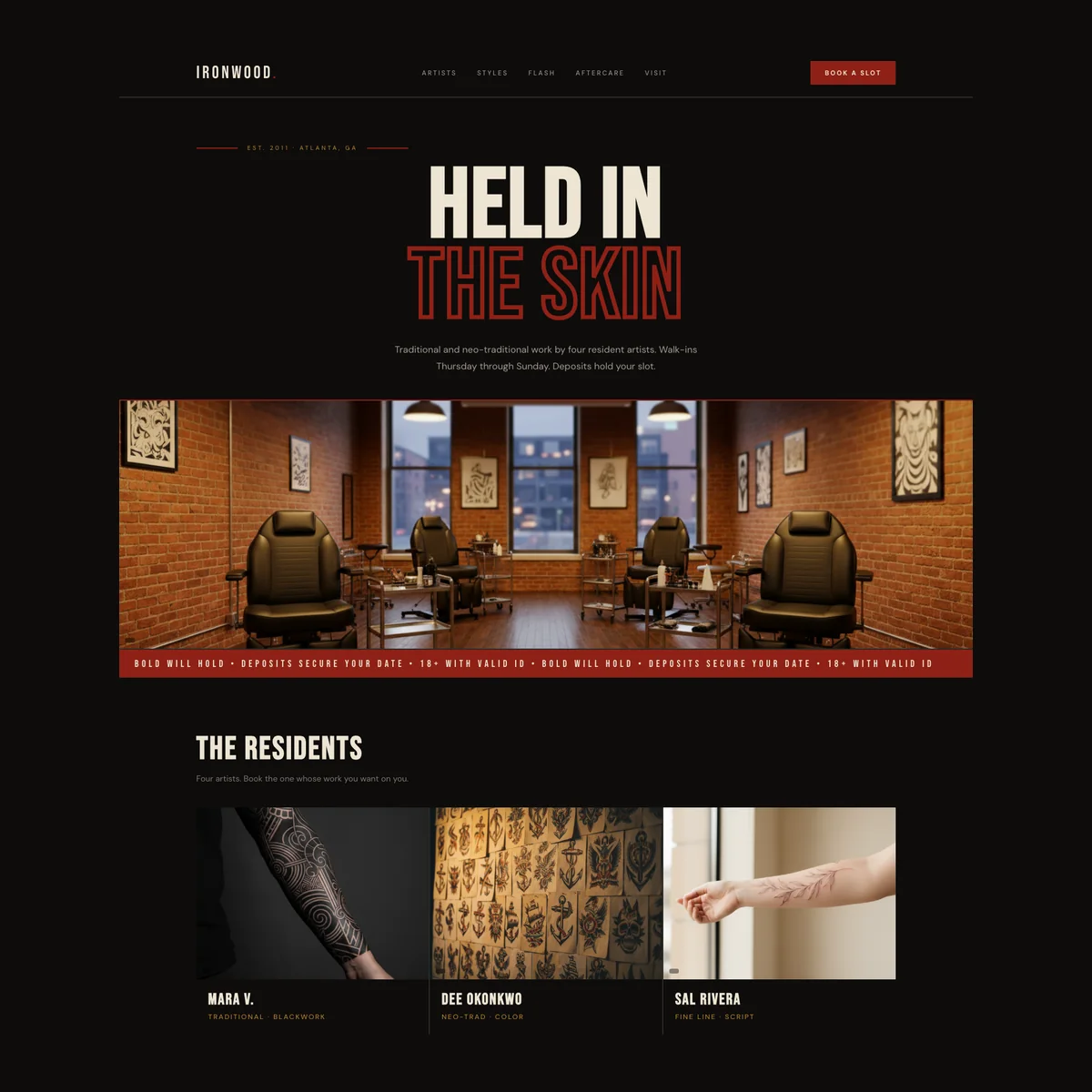 Tattoo shop website concept in a heritage American traditional style