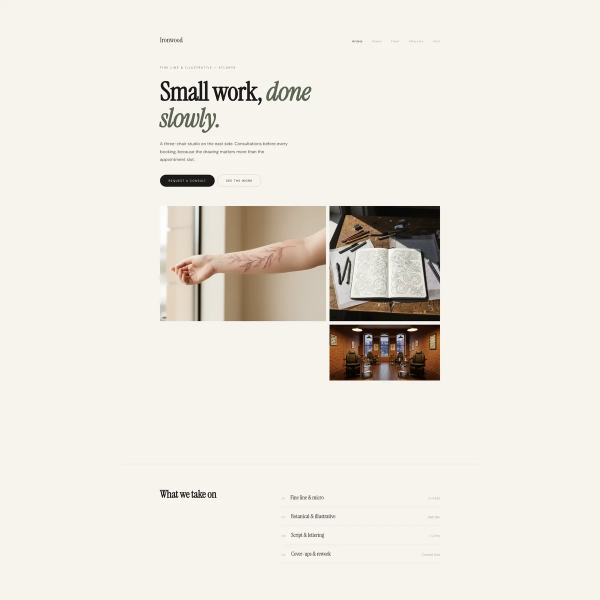Tattoo studio website concept in a minimal fine-line style
