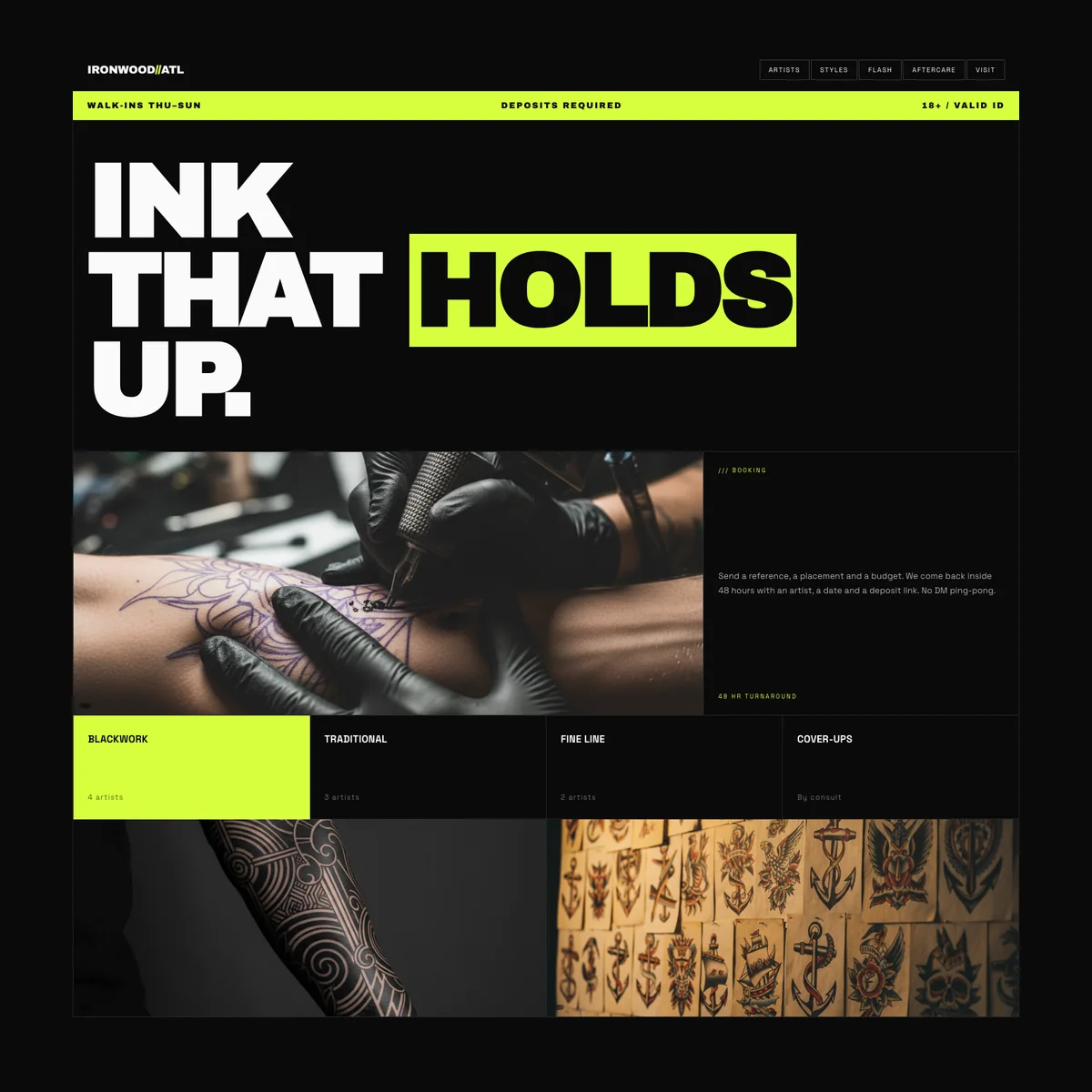 Tattoo shop website concept in a high-contrast brutalist style