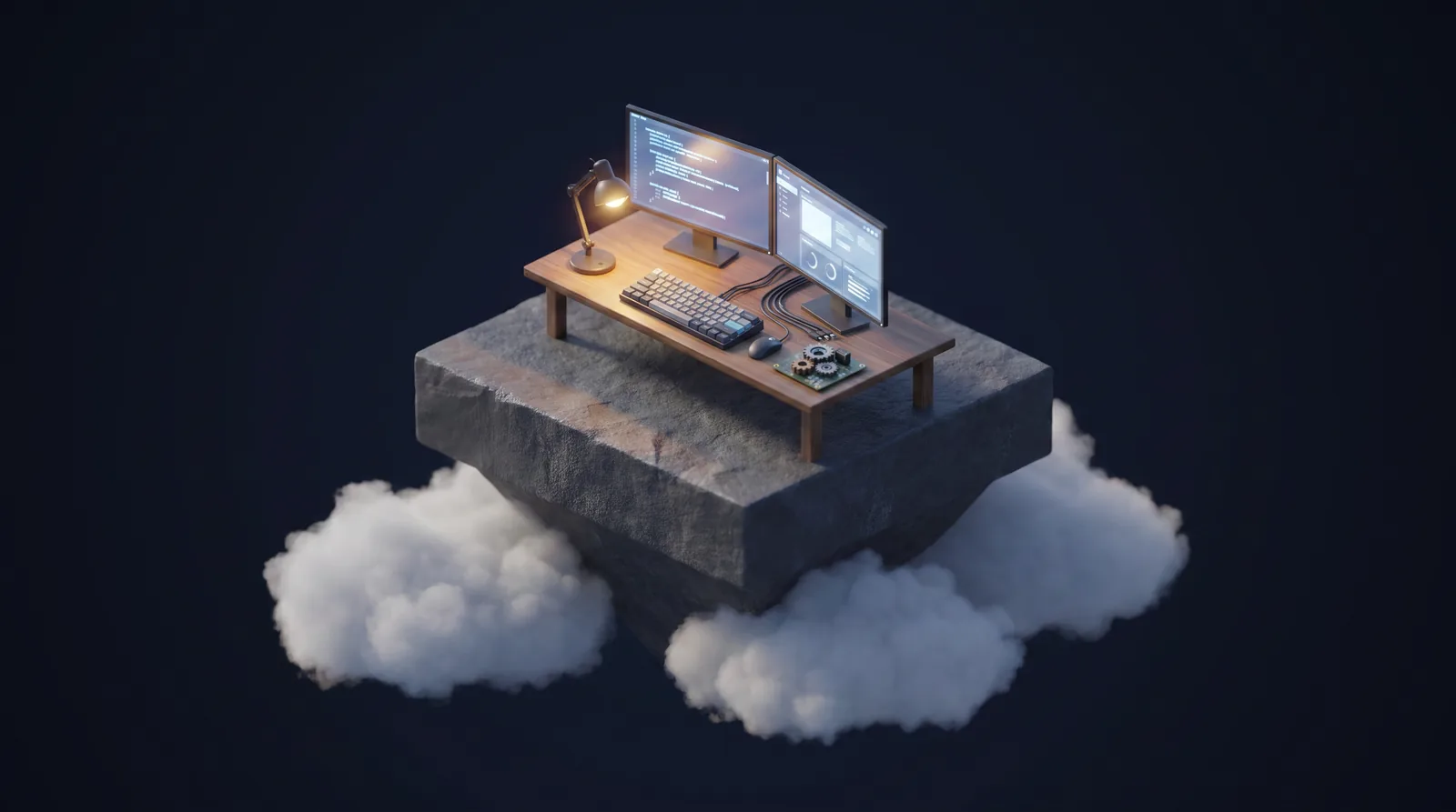 Isometric illustration of a dual-monitor developer desk with a keyboard, cables, gear, circuit board, and abstract code and dashboard glows